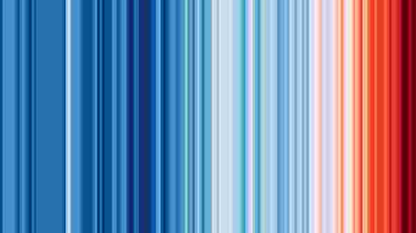 Different coloured stripes from light blue to dark red showing temperatures by year Different coloured stripes from light blue to dark red showing temperatures by year