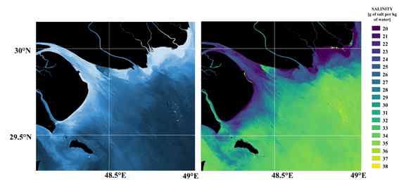 Satellite images show the coastal waters around the Bay of Kuwait, first as the human eye would see them and then colour graded for salinity