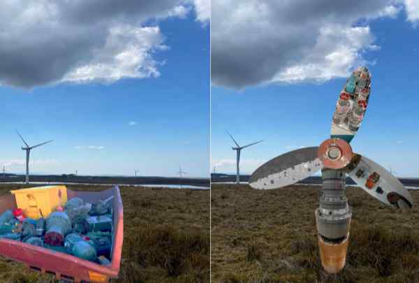 Materials from a skip on the left and a wind turbine made of scrap materials on the right