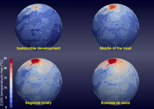 Four images of the planet, with different temperatures represented on each Four images of the planet, with different temperatures represented on each