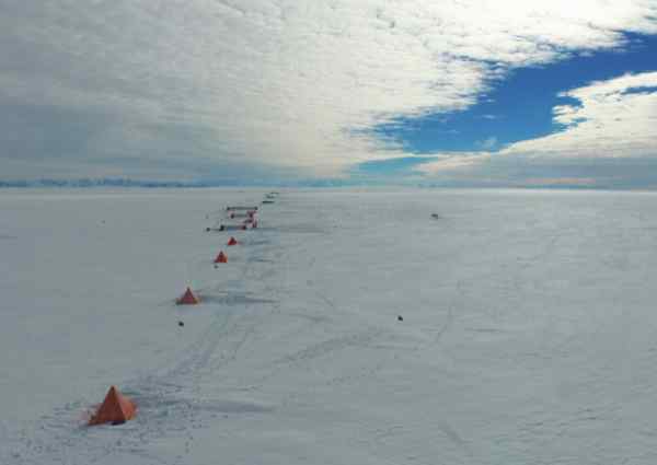 The Antarctic drilling camp, stretching into the distance