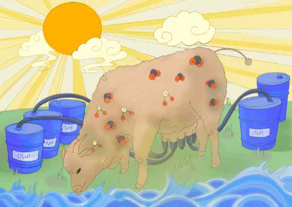 A drawing of a cow attached to containers with chemical elements written on them