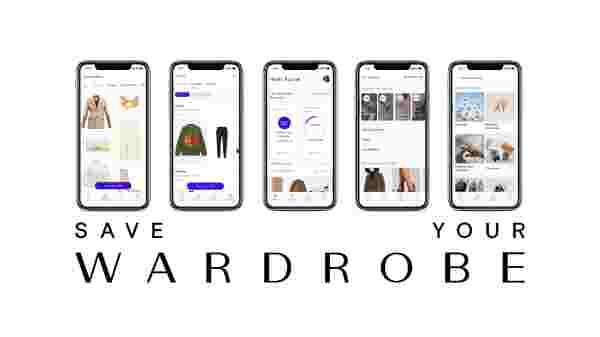 The Save Your Wardrobe app being displayed on five phones, side-by-side