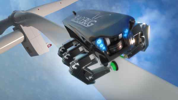 A black bug-like device sits on the blade of a wind turbine A black bug-like device sits on the blade of a wind turbine