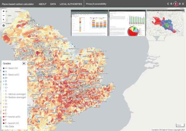 A heatmap of England showing high and low carbon emission areas. A heatmap of England showing high and low carbon emission areas.