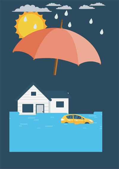 An illustration of a flooded house and car with an umbrella over them