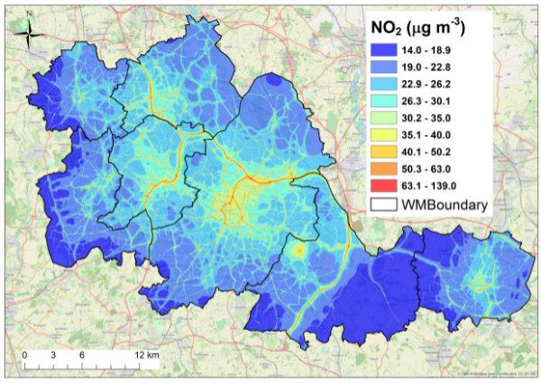 A diagram of the West Midlands showing pollution levels