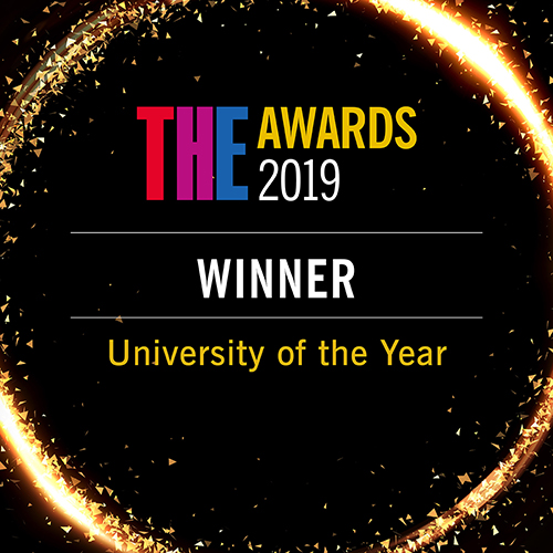 Times Higher Education Awards 2019 Winner of University of the Year logo.