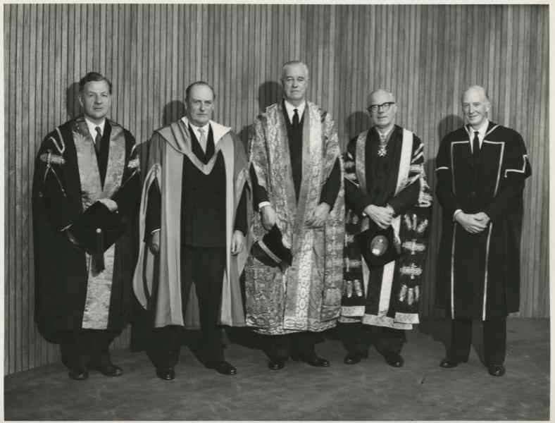 Group photograph including King Olav V of Norway at the ceremony for the conferment of his honorary degree Group photograph including King Olav V of Norway at the ceremony for the conferment of his honorary degree