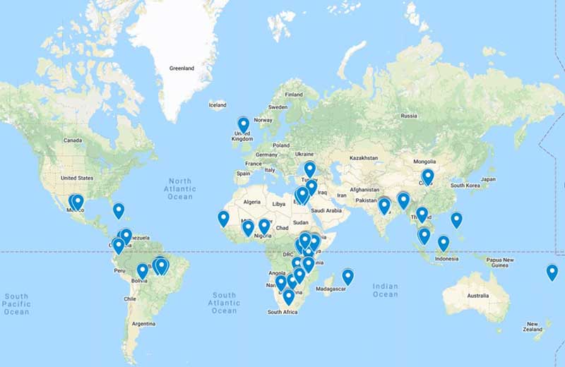 Map of our partnerships showing partners in the UK, USA, South America, Africa, the Middle East and Asia.