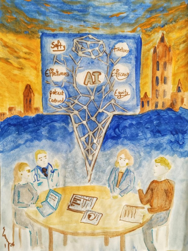 Four diverse professionals—a physician, AI engineer, PhD student, and a healthcare manager, who are gathered around a table, collaborating in inclusive and effective ways to deliver complex AI-healthcare quality management toward a central display