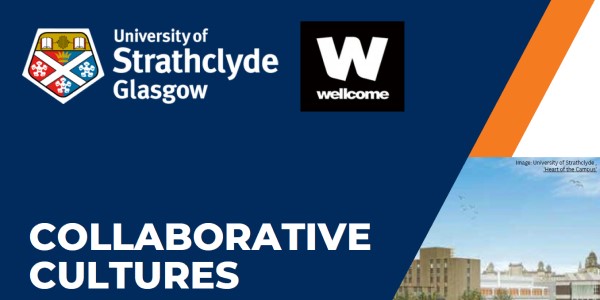 Collaborative Cultures Mid-Project Report Cover showing University of Strathclyde logo and Wellcome logo on a blue background