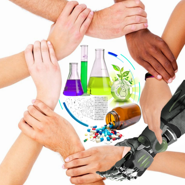 Interlinked human hands and an AI-enabled robotic hand encircle symbols of medicine, data, and sustainability, highlighting cross-disciplinary collaboration.