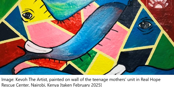 Painting of two elephants facing each other by Kevoh The Artist, painted on wall of the teenage mothers’ unit in Real Hope Rescue Center, Nairobi, Kenya [taken February 2025]