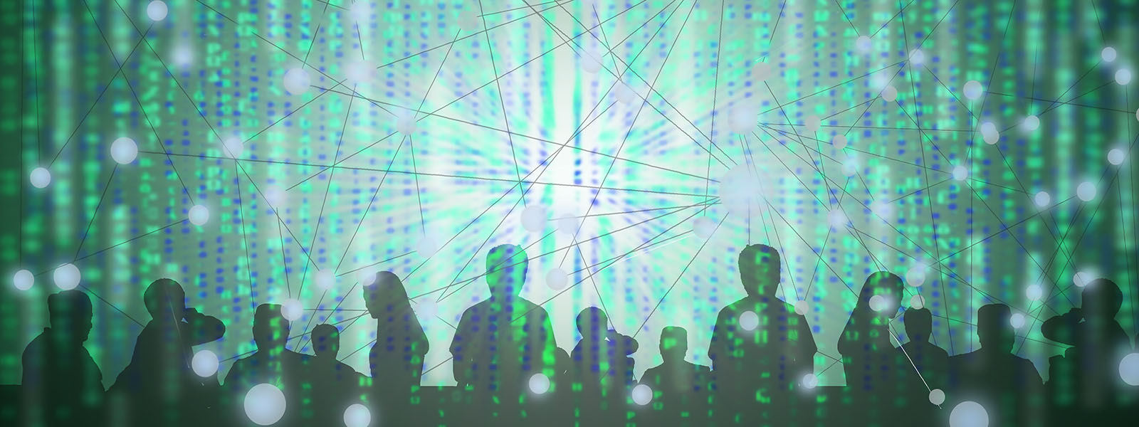 Double exposure of silhouette of peoples with binary code abstract background.