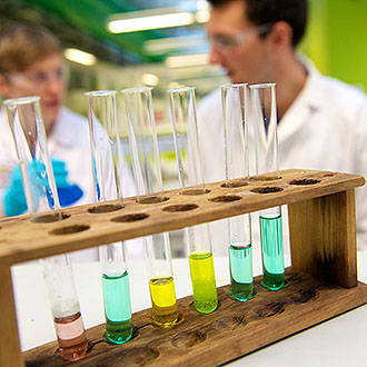 Chemistry students work together in a lab.