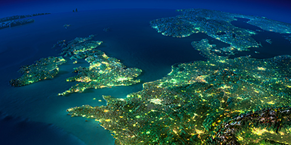Illustration of Europe lit up in lights at night from space