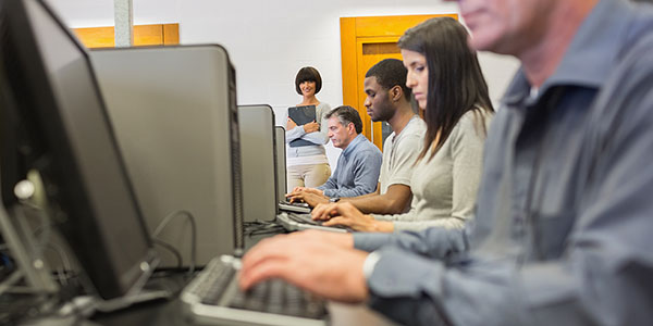 Students work on a bank of computers.
