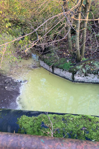 A contaminated stream with a strange milky green colour, trees in the background.