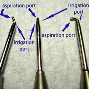 Metal opthalmic instruments with irrigation and aspiration shown