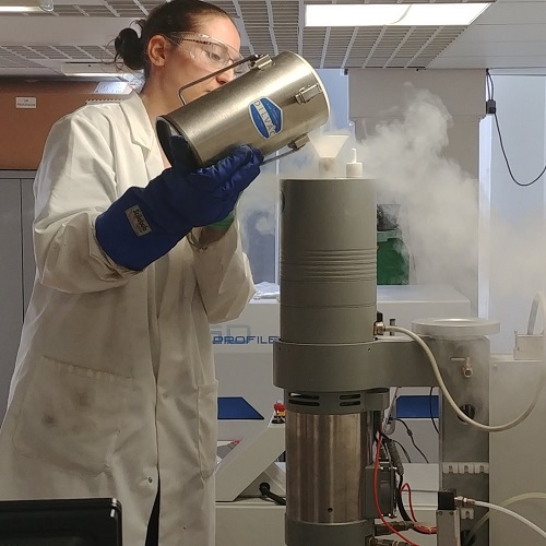 Dr Fiona Sillars pouring liquid nitrogen