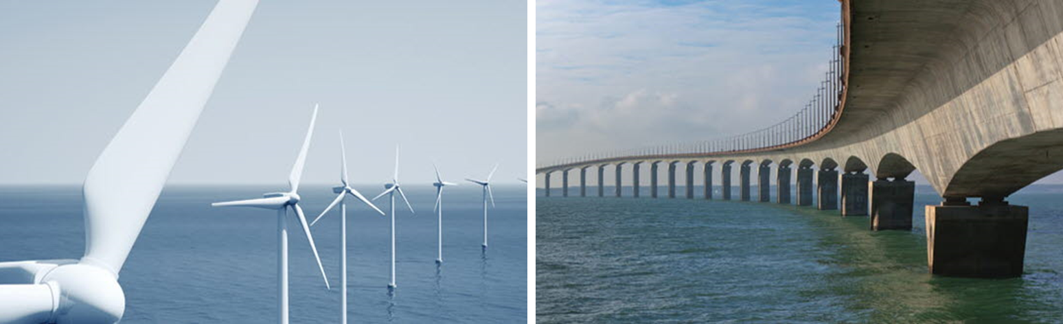 Images of wind turbines and a bridge taken from the official DACOMAT website