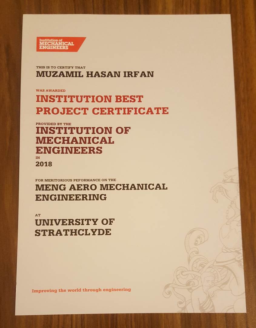 Photograph of the award certificate given to undergrad student Muzamil Irfan for his 4th year research project