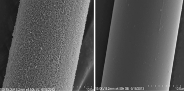 SEM images show the effect of our alkali treatment on the surface of a regenerated glass fibre. The structures observed are removed by rinsing in strong acid
