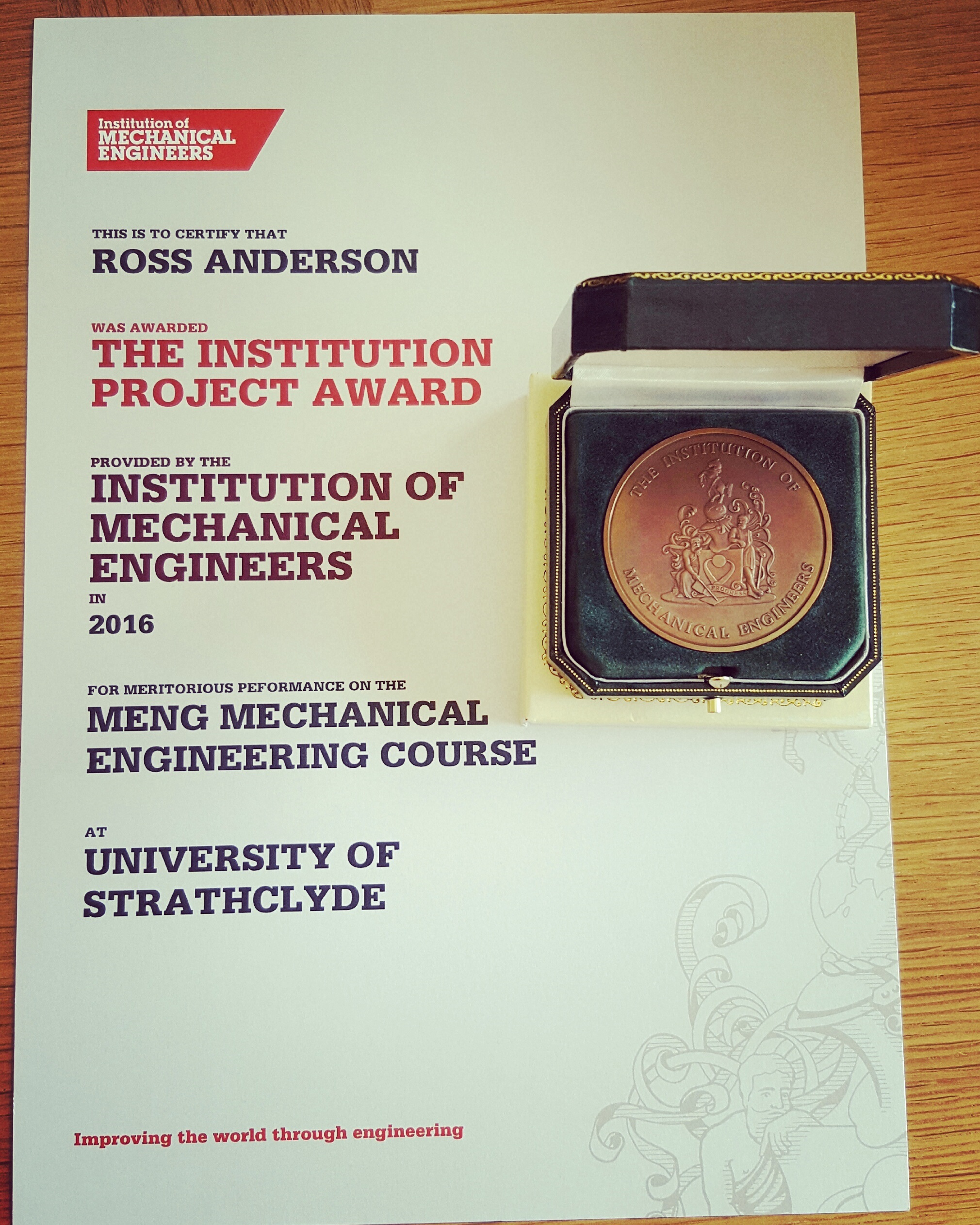 Image of Ross Anderson's award certificate for best 4th year project