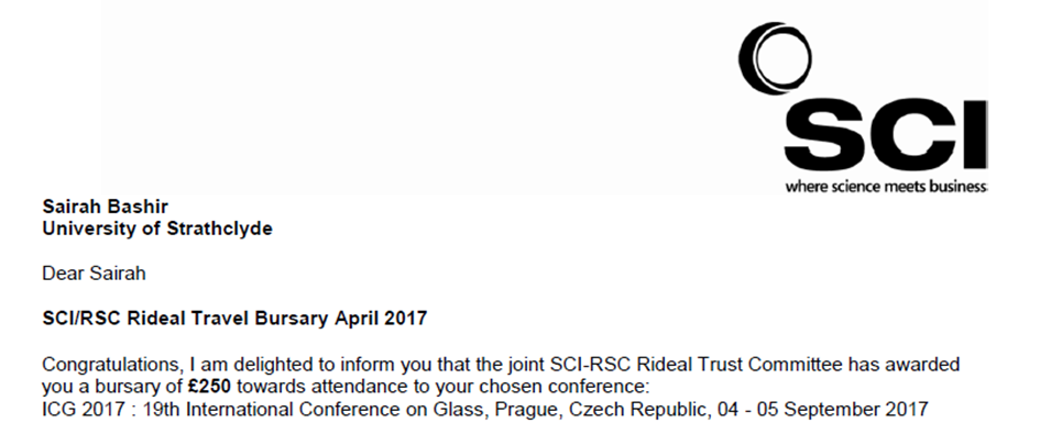 SCI award letter for travel bursary (Sairah Bashir 2017)