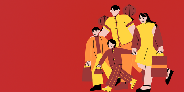Illustration of a family carrying gifts during Chinese New Year