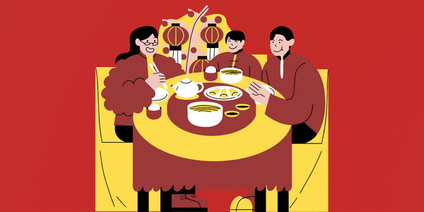 Illustration of a family eating dinner at Chinese New Year