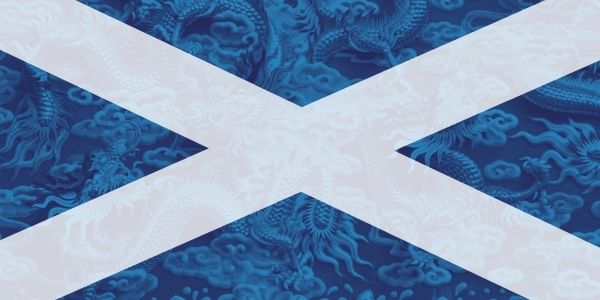 A transparent Scottish flag hovers over traditional Chinese ceramics containing dragons