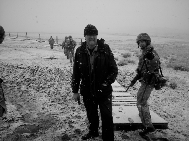  Jim Castle, engages in full-on activity in seasonal weather conditions at the UOTC Spring Camp at Otterburn training area.