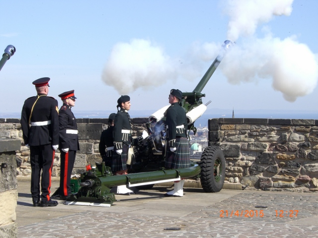 The UOTC Gun Troop firing the 21 gun Royal Salute at Stirling Castle.
