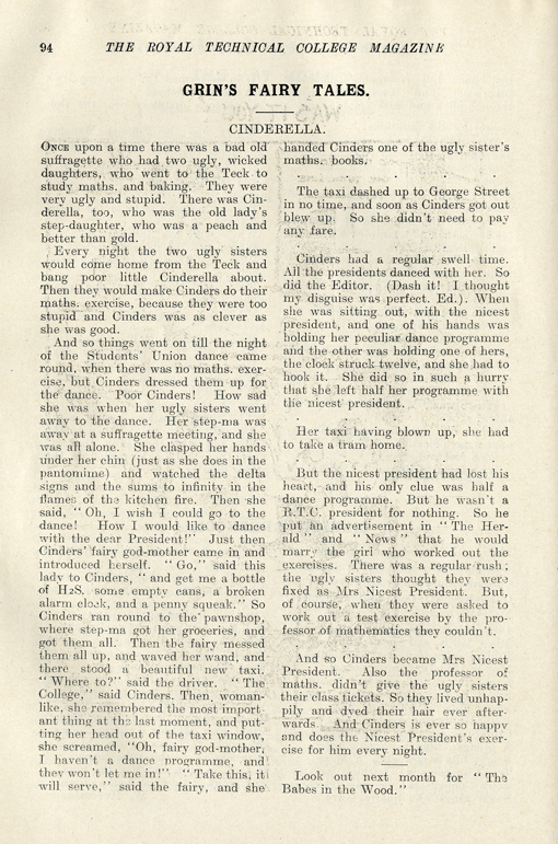 Cinderella Fairy tales - please click 'Cinderella,' Royal Technical College Magazine text for full description.