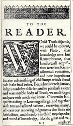 Browne’s Address to the Reader, with its decorated letter after the fashion of illuminated manuscripts.