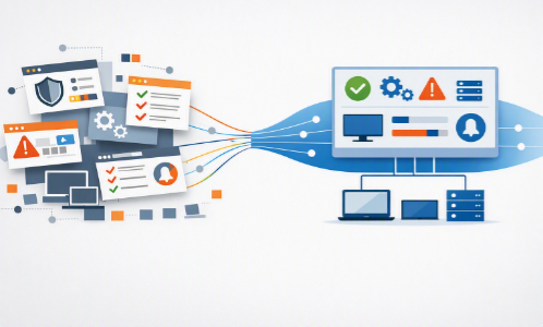 A split-screen illustration showing chaotic, scattered data on the left and a streamlined, organized digital system on the right.