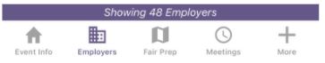Navigation panel with Event Information, Employers tab, Fair Prep tab, Meeting Tab and More tab