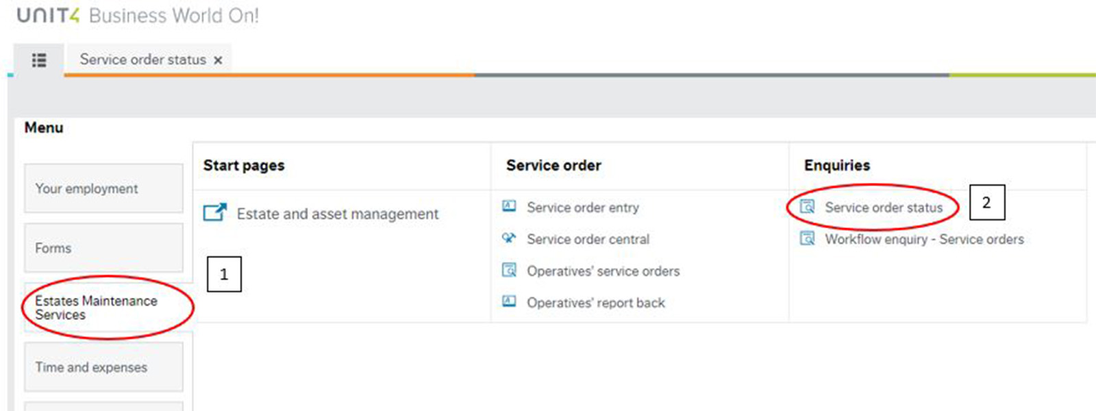 Screenshot of the University FMS system, highlighting the EMS in the left hand menu. The service order status is also highlighted on the right hand side menu.