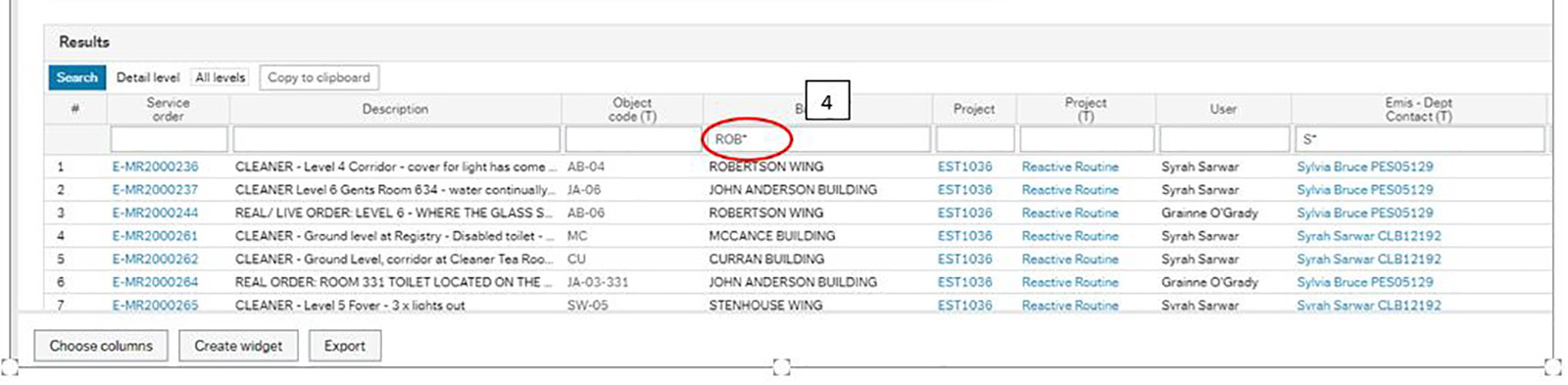 Screenshot of EMS with the building column field highlighted.