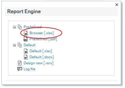 Screenshot of the EMS after clicking export, the report engine window with browser [.xslx] highlighted.