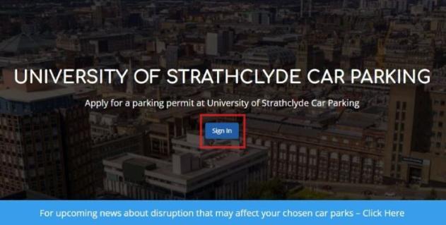 Car parking landing page, with sign in button highlighted