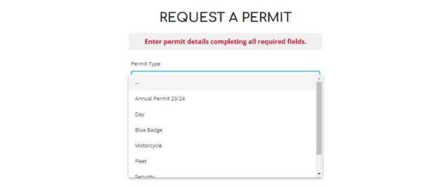 Request a permit screen