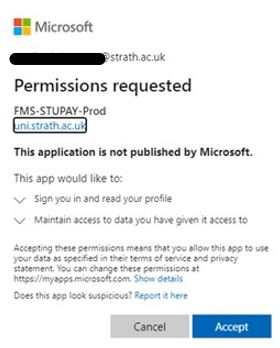 Screenshot of the permissions request from Microsoft with Accept or Reject options