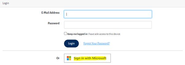 Screenshot of the ERP Portal sign in screen with the option to Sign in with Microsoft highlighted