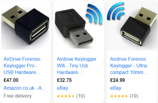 Three examples of keyloggers that look like small USB sticks.