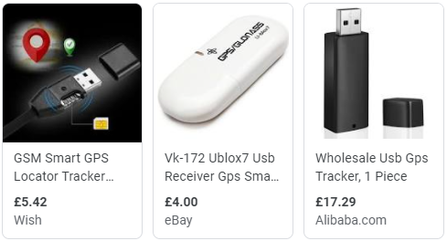 Three examples of trackers that look like USB sticks.
