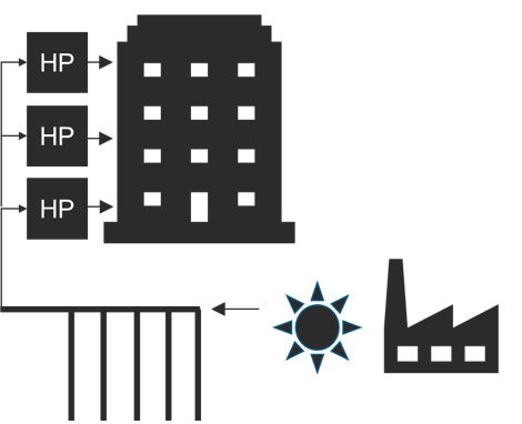 A black icon of a high-rise building with heat pumps going into it