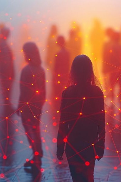 An illustration of silhoutted people connected by lines depicting a digitally network